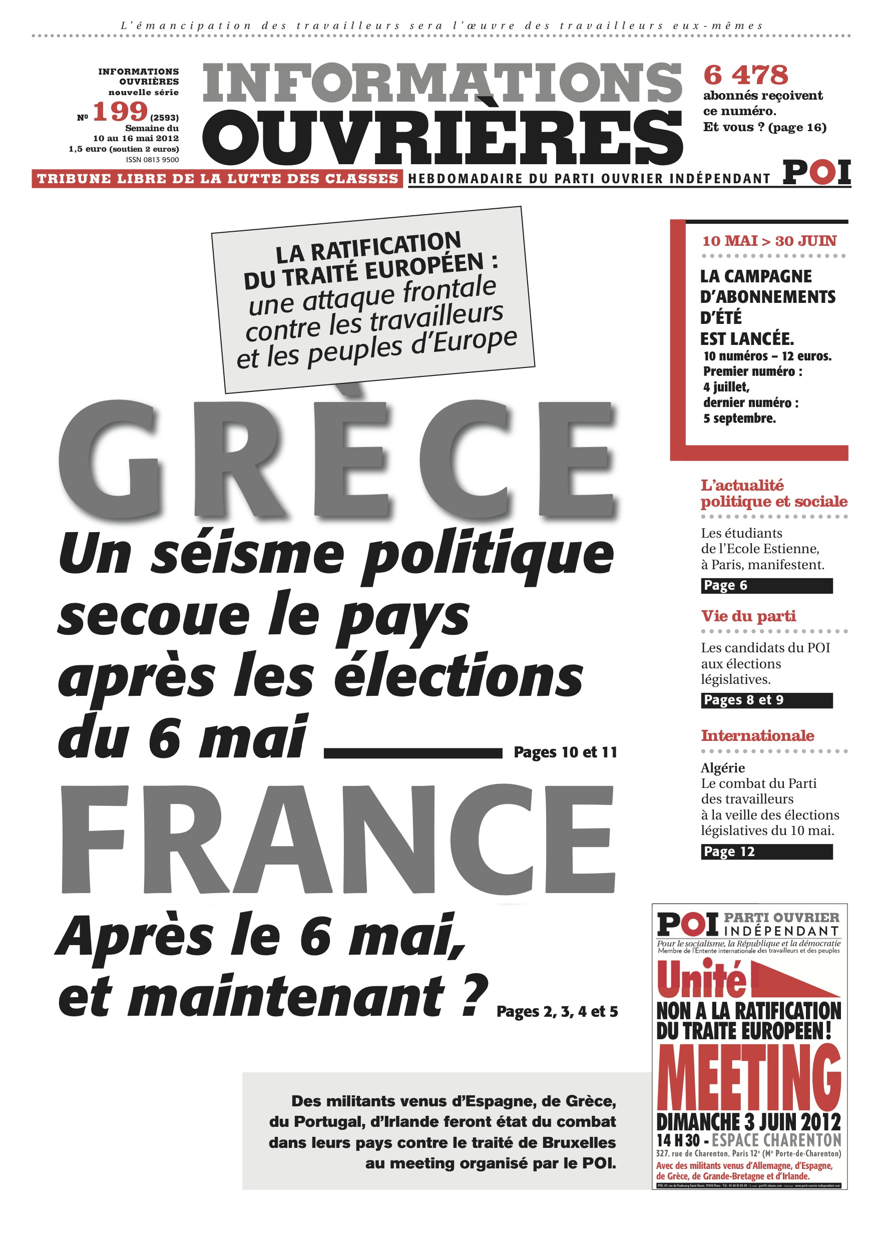 La Une d'Informations Ouvrières à paraître ce 10 mai 2012