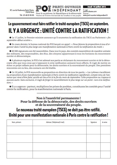 Appel d'urgence pour une manifestation unitaire contre la ratification du TSCG
