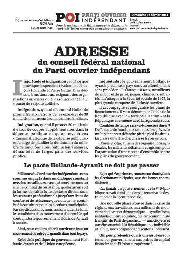 Cliquer pour agrandir, lire et imprimer les 2 pages de l'adresse du Conseil fédéral national du POI. Déclaration CFN POI 16 fevrier 2014-rd